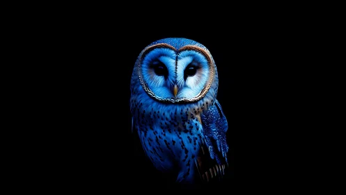 Striking blue owl portrait in digital art style on black background.