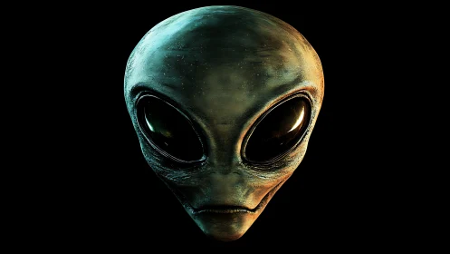 Curious alien face emerges softly from the quiet darkness