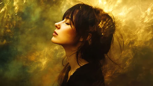Side profile portrait shows woman against diffuse golden haze