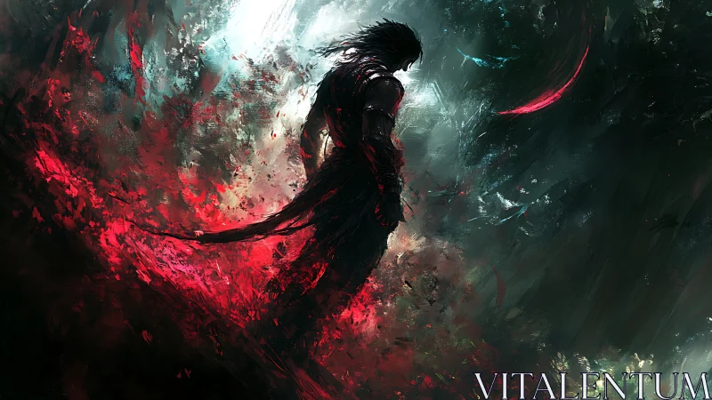 Backlit warrior silhouette amid turbulent chromatic vortex.