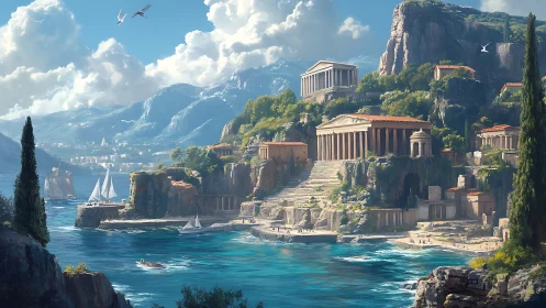 Digital seascape of grand cliffside temples and harbor.