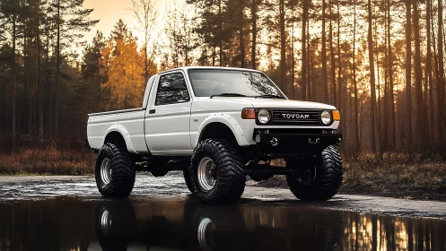 Lifted white pickup truck on forest trail at sunset.