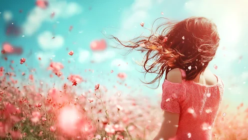 Girl in pink dress in poppy field under bright blue sky.