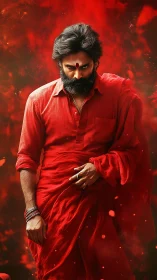 Smoldering gaze in a river of red cloth and swirling fire.