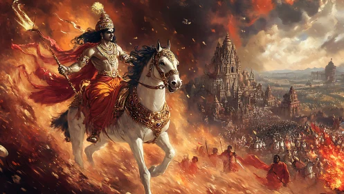 Flame-clad warrior rides a storm of myth over burning empire.