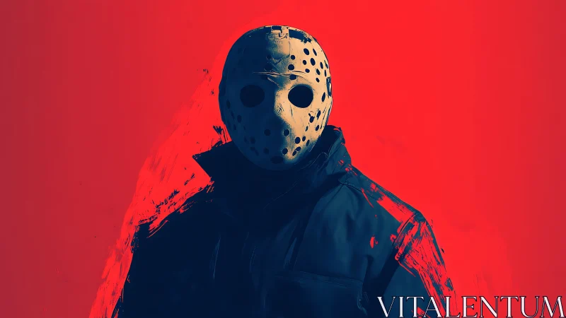 Masked figure in hockey mask against flat red background.