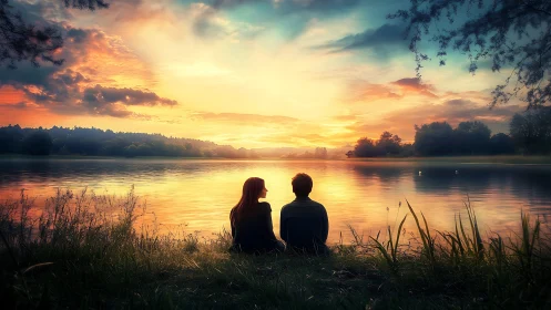 Two figures observe sunset over stillwater landscape.