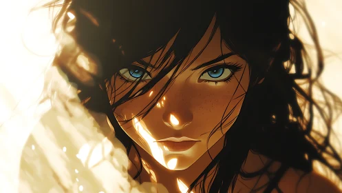 Sunlit blue-eyed heroine gazes forward with fierce resolve.