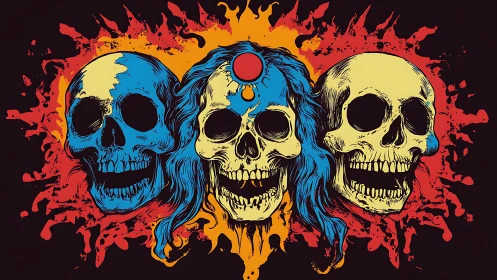 Neon trinity of flaming skulls crowned by a bloodred moon.