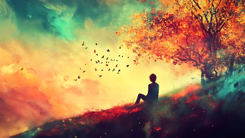 Silhouette under chromatic autumn tree in atmospheric gradient field.