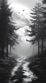 Misty Forest Corridor: Where Streams Whisper and Wings Glide.