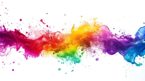 Chromatic fluid explosion across white negative space.