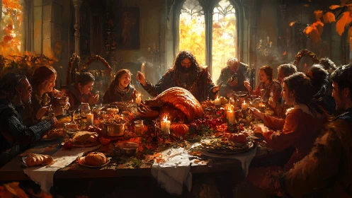 Medieval autumn feast around candlelit harvest table.