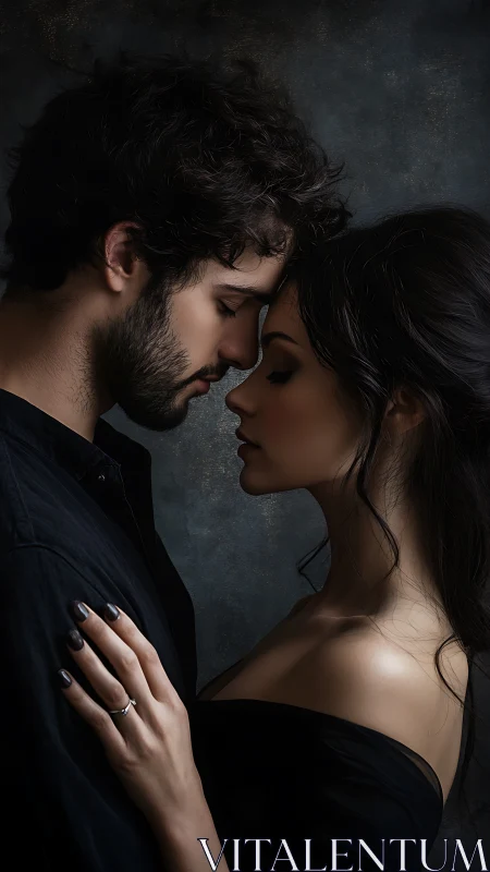 Intimate Moment Between Couple Against Dark Backdrop.