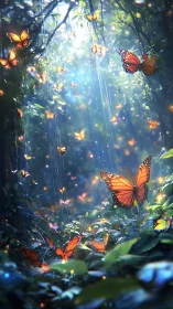 Monarch butterflies drift through luminous rainlit jungle clearing