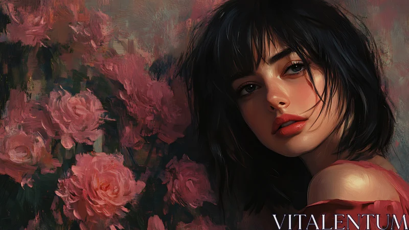 Digital oil portrait with roses and expressive chiaroscuro lighting.