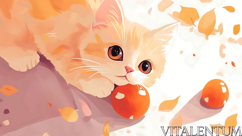 Whimsical Cat Enchanted by Floating Autumn Wonders.