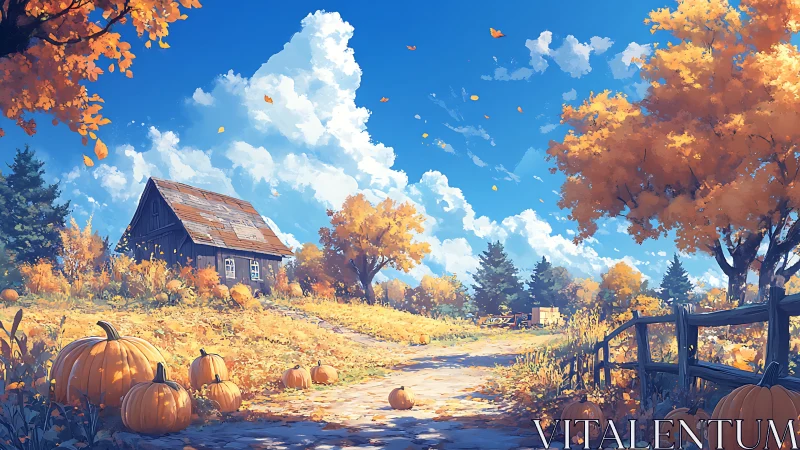 Pumpkin lane unwinds beneath storybook autumn skies.