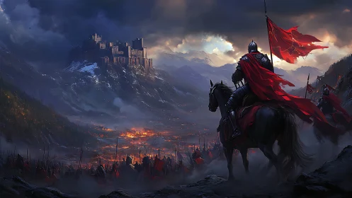 Crimson warlord surveys burning valley beneath storm fortress.