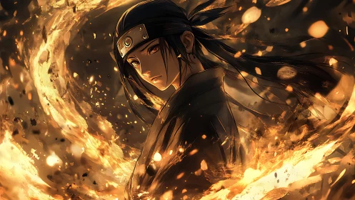 Dark haired shinobi stands within circular motion of flames
