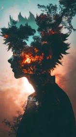 Sunlit forest silhouette blending nature with quiet thought.