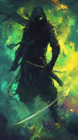 Hooded swordsman stands in stylized green and yellow environment