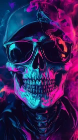 Neon skull portrait with sunglasses in vibrant split lighting.