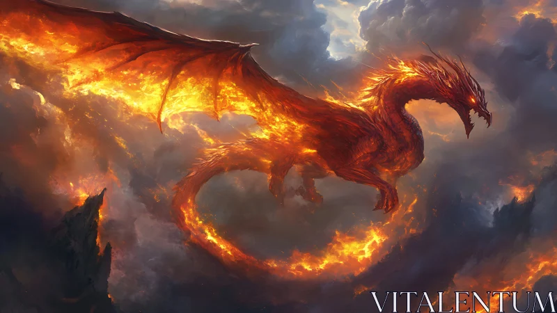 Volcanic fire dragon coils through storm-torn clouds in dynamic flight