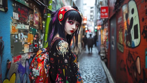 Young person in stylized attire in graffiti-lined alleyway.
