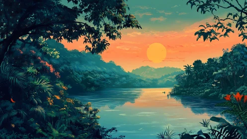 Tropical river valley sunset with dense rainforest silhouettes