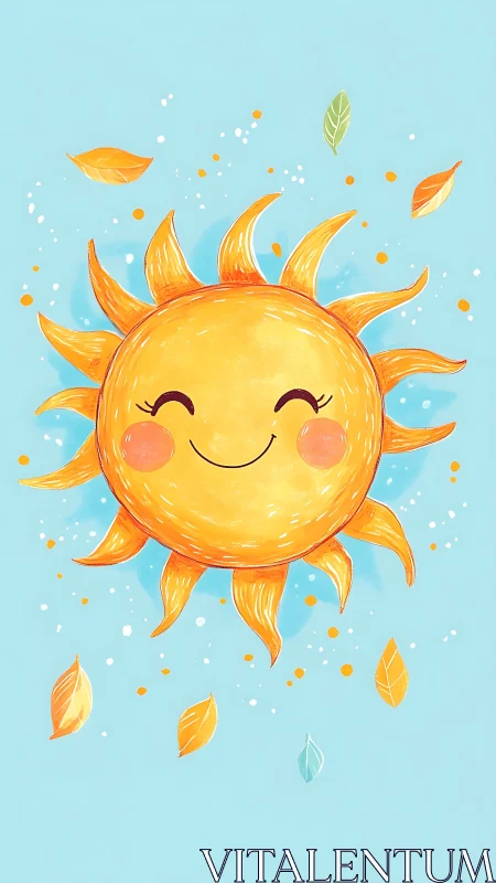 Kawaii solar disk with radiating flares and floating foliage.