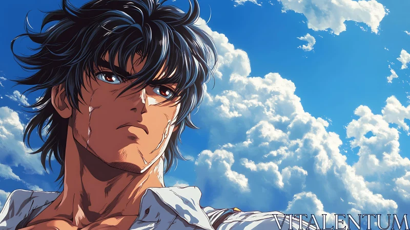 Determined anime hero stands beneath towering summer clouds.