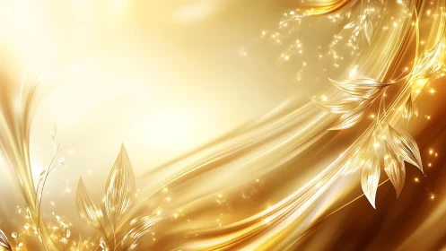 Golden abstract floral wave background with glowing light effect.
