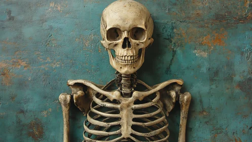 Human skeleton model stands against distressed teal wall