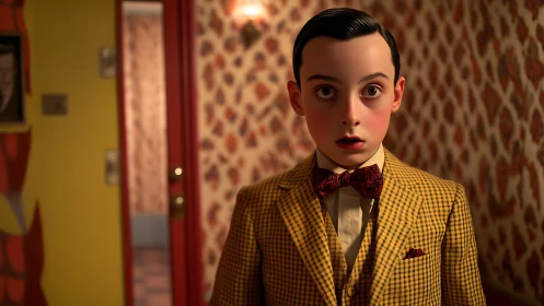 Boy in yellow checkered suit stands shocked in patterned room