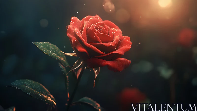 Red rose with dewdrops under golden light.