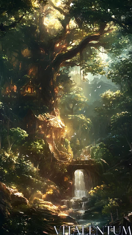 Enchanted Forest Dwelling with Ancient Tree.