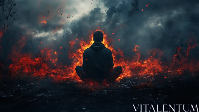 Calm figure finds quiet strength inside a blazing fire ring