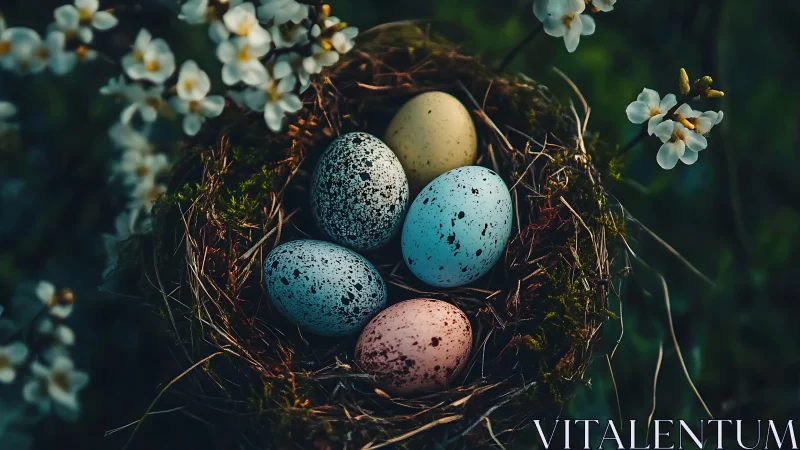 Speckled bird eggs rest in mossy nest among white blossoms