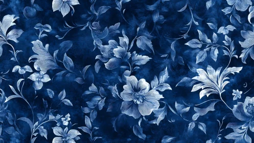 Monochrome indigo floral engraving with layered botanical density.