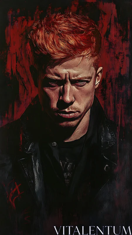 Brooding red-haired man in chiaroscuro digital portrait study.