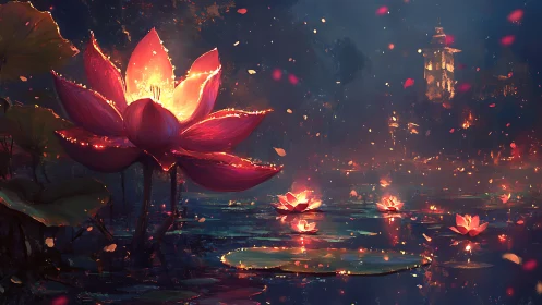 Luminous red lotus flowers on night pond with distant tower.