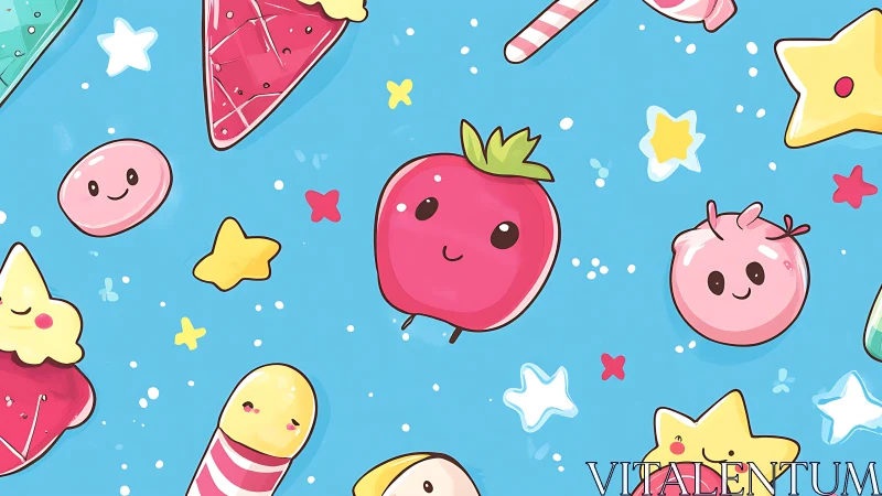 Candy-bright fruit buddies drift like happy balloons across sky