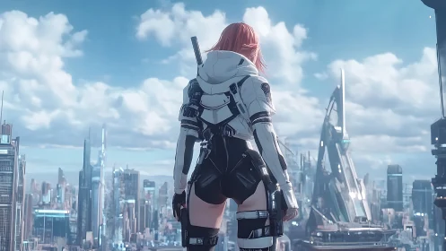 Skyline sentinel in white armor above a hopeful future city.