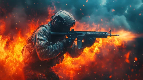 Flame-born soldier strides through chaos with blazing rifle.