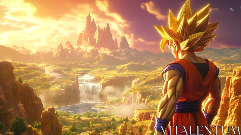 Super Saiyan warrior overlooks expansive canyon waterfall