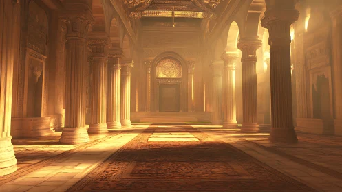 Golden sunlit palace hall with ornate marble columns.