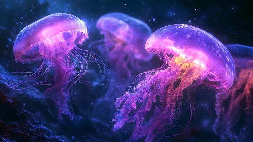 Glowing jellyfish drift through a dreamy neon undersea night