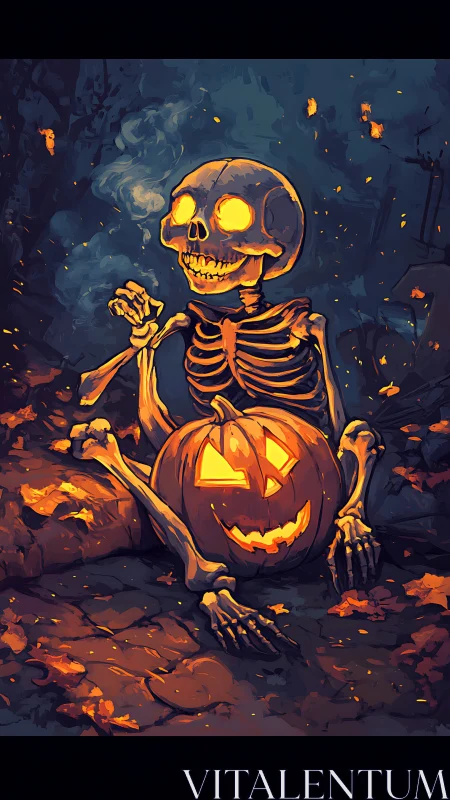 Backlit skeleton with glowing jack-o&rsquo;-lantern in stylized nocturnal forest