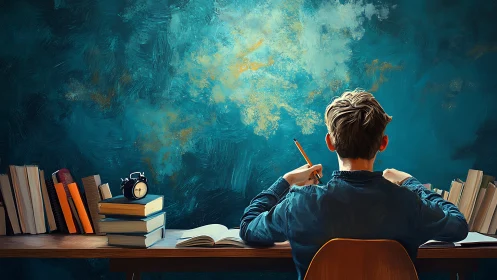Contemplative student at desk rendered in painterly lighting